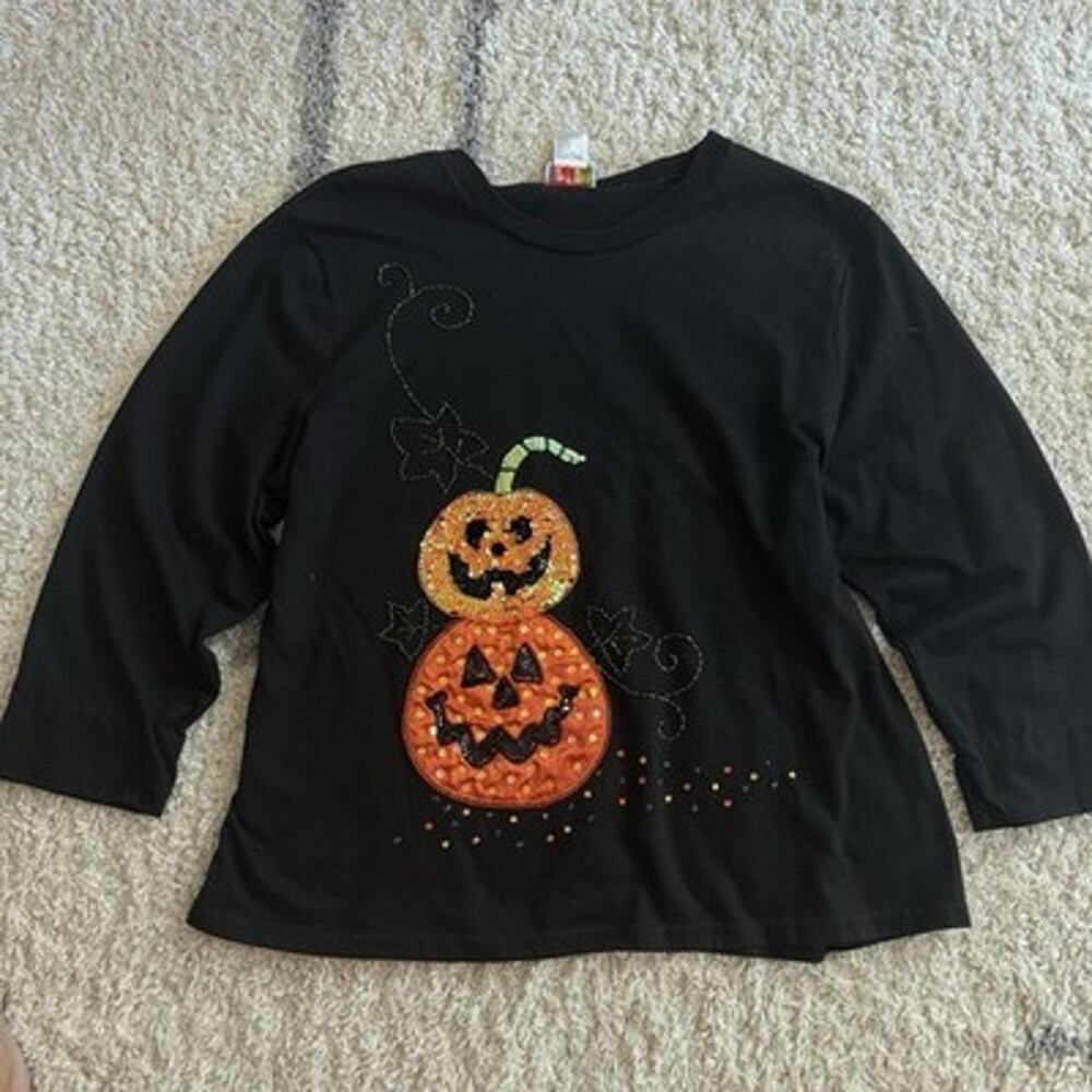 Vtg Halloween Sweater XXL Pumpkin Sequin Beaded Appliqué Grandma Sweatshirt
